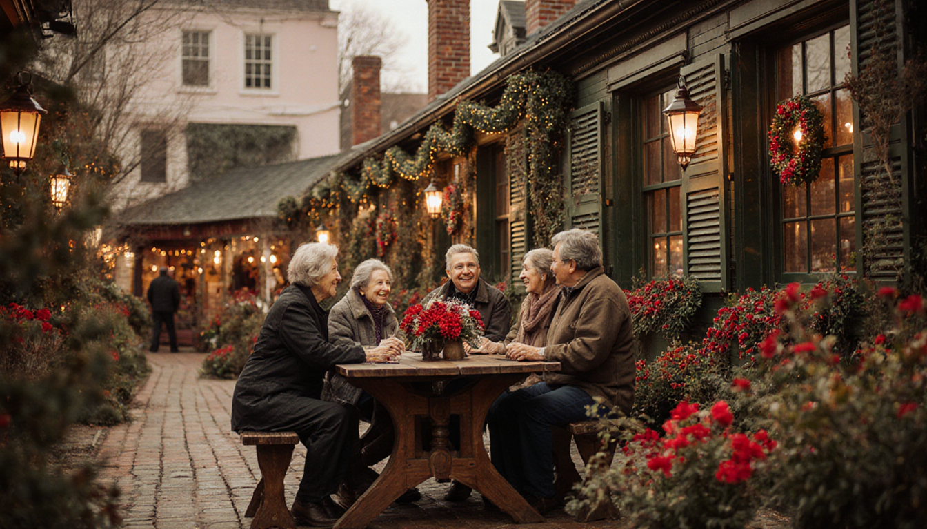 Family members gather around wooden table with warm golden light and Heirloom Market facade and winter flowers