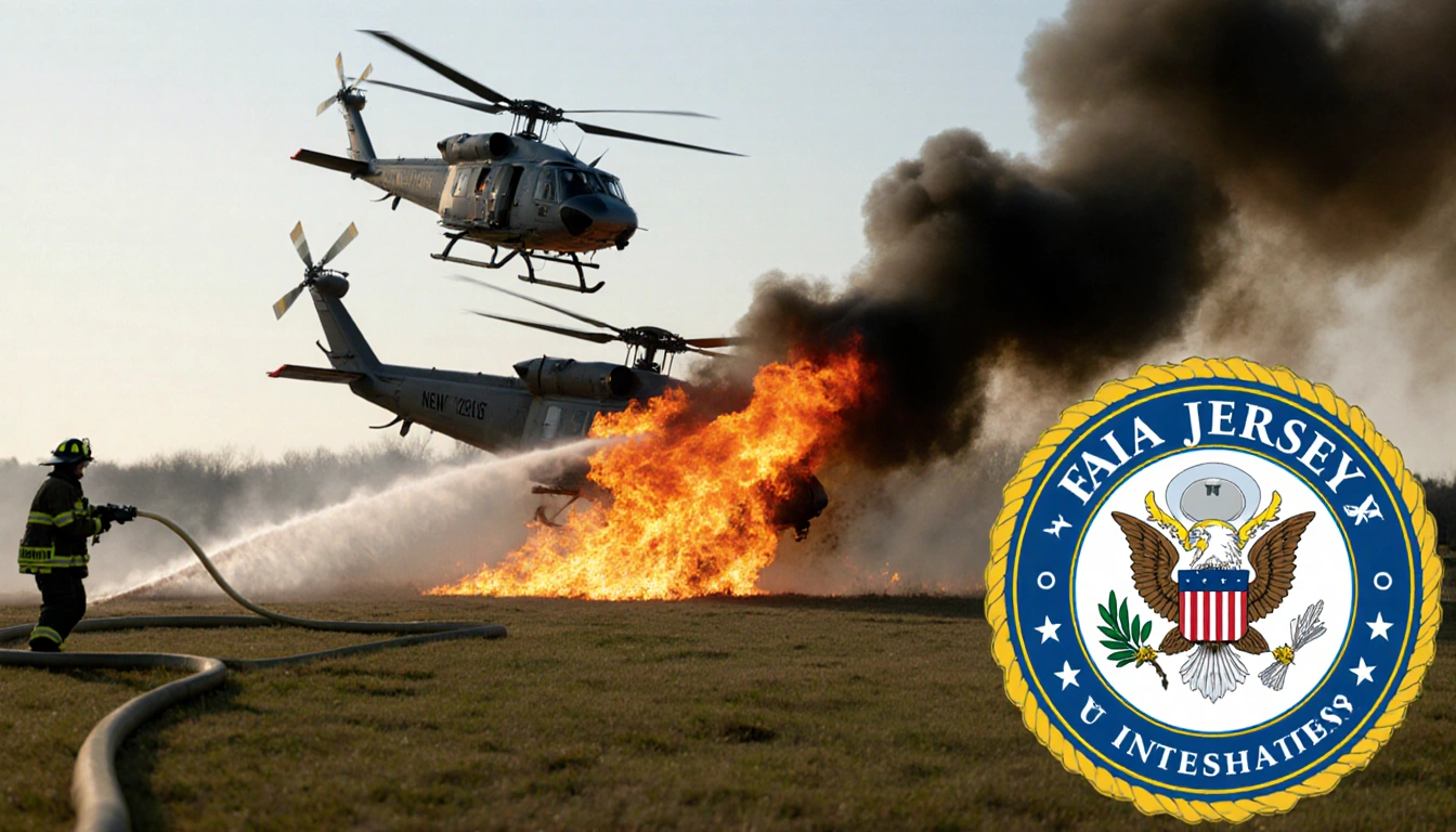 Firefighters battling blaze from crashing helicopter with flames and FAA logo in New Jersey