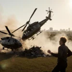 Helicopters collide with tangled rotors and smoke while a frantic runner flees in the foreground.