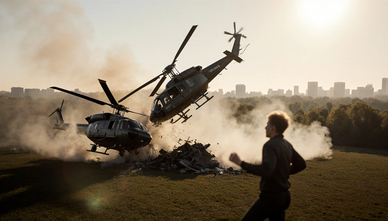 Helicopters collide with tangled rotors and smoke while a frantic runner flees in the foreground.