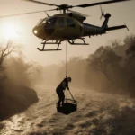 Woman clinging to rescue basket with helicopter searchlight illuminating rain‑swollen Tujunga Wash at dawn.