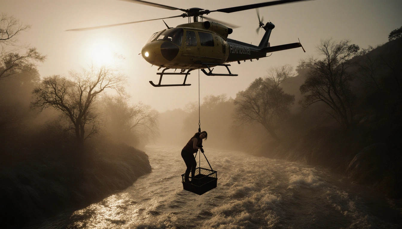 Woman clinging to rescue basket with helicopter searchlight illuminating rain‑swollen Tujunga Wash at dawn.