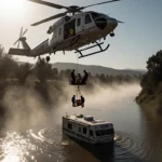 Helicopter lowers rescue basket with man and animal survivors from submerged RV near riverbank with sunlit mist