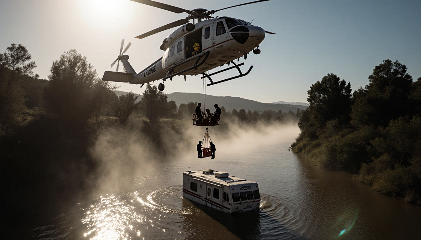 Helicopter lowers rescue basket with man and animal survivors from submerged RV near riverbank with sunlit mist