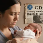 Mother holding newborn with warm light and faint CDC logo behind news headline about vaccines