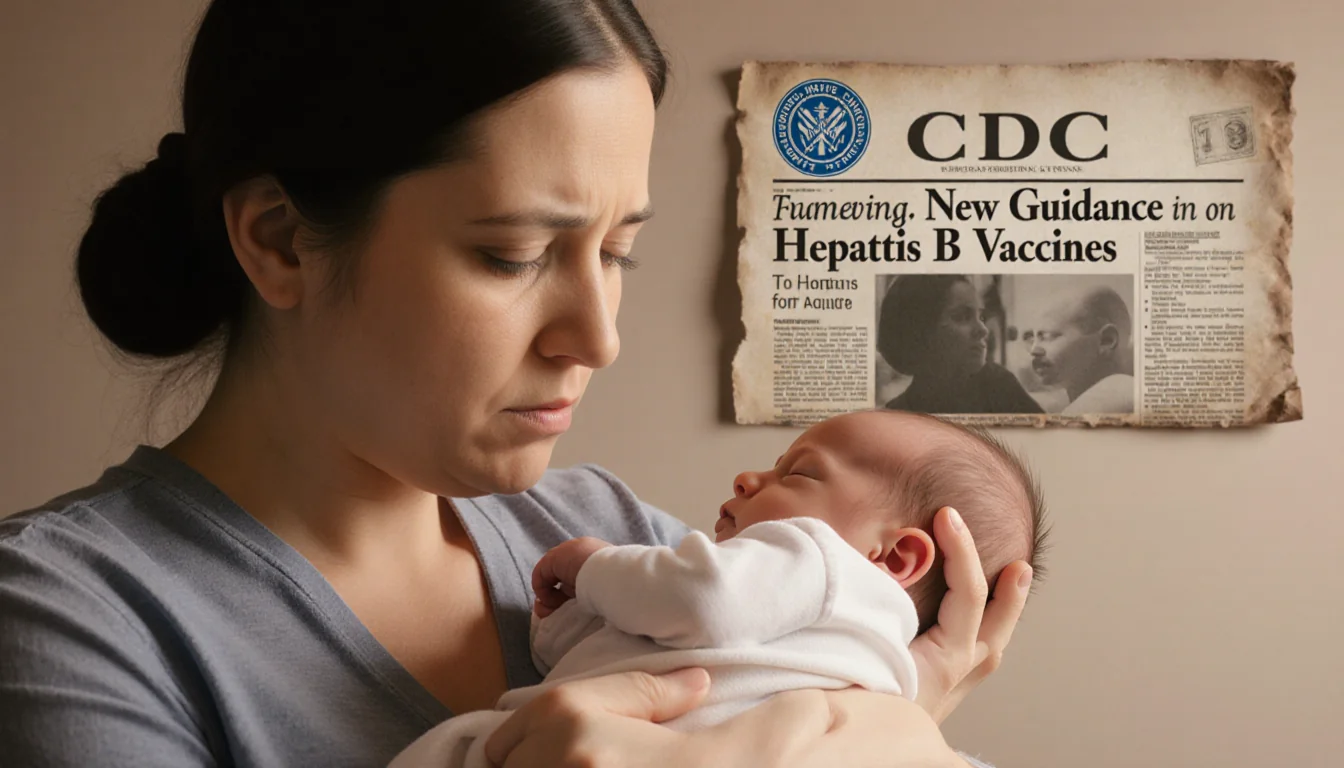 Mother holding newborn with warm light and faint CDC logo behind news headline about vaccines