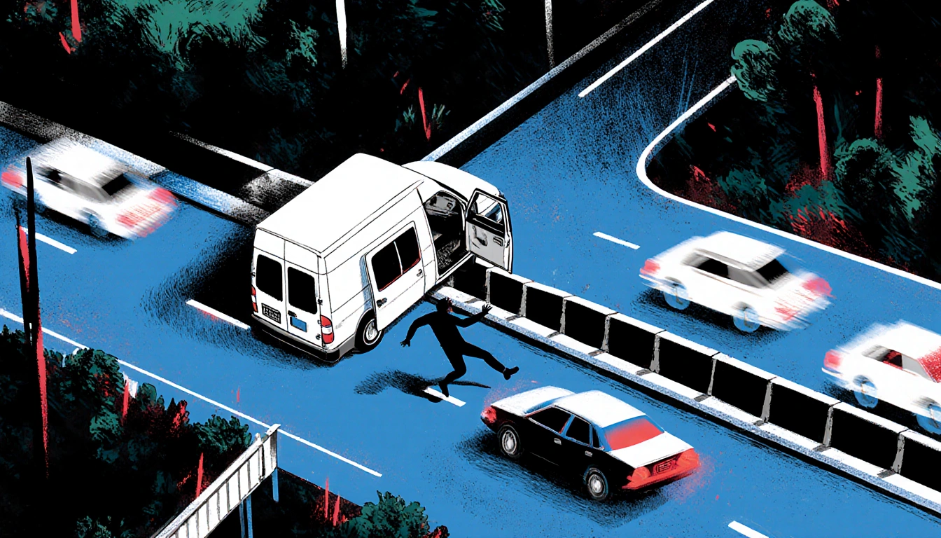 Figure leaps over highway divider with van doors open and car colliding blurred traffic in background.