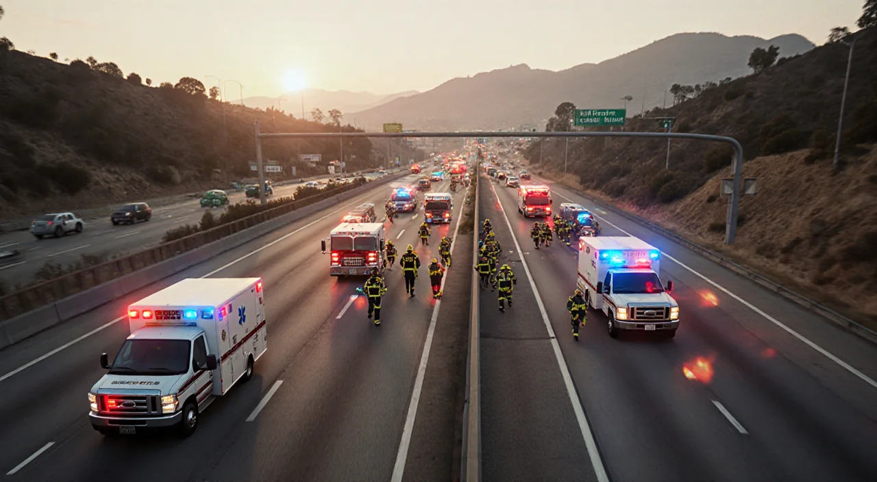 Emergency responders rushing toward crash site with police officers and EMTs and sirens blaring in background