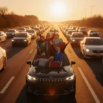 Family car embarks on road trip through crowded highway with luggage and excited faces under bright sun and headlights