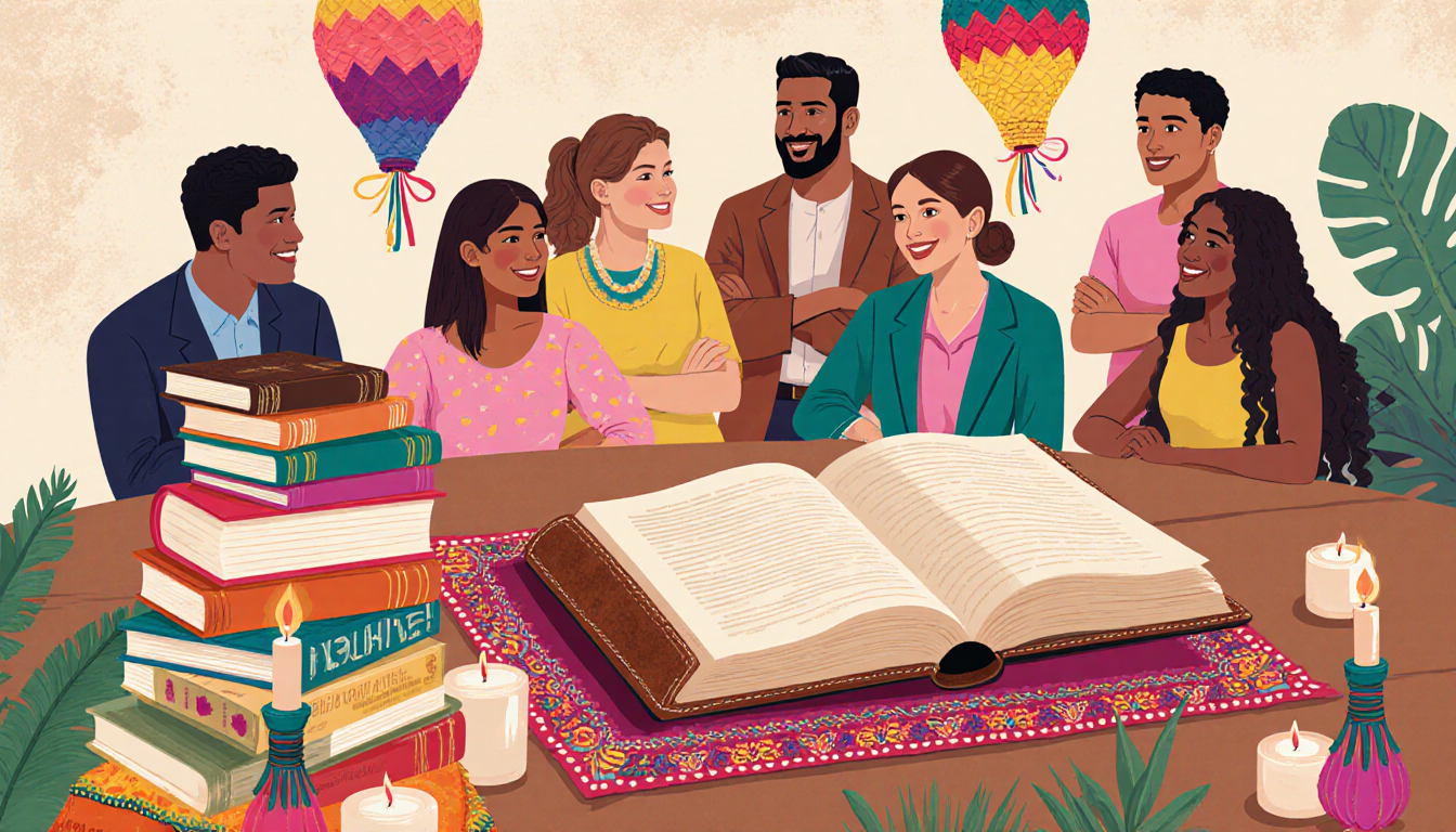 Authors and readers gather around table with open book featuring Hispanic author and piñatas candles textiles