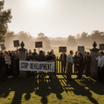 Community members gathering around a wooden gate with protest signs and banners while misted development looms behind