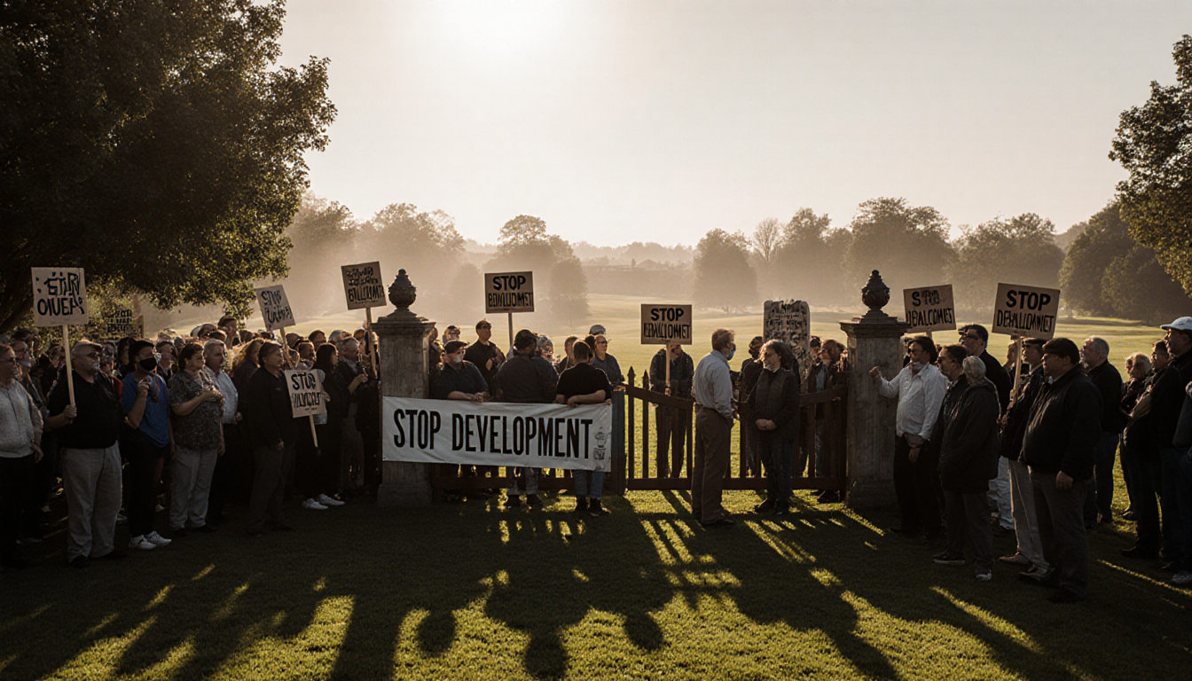 Community members gathering around a wooden gate with protest signs and banners while misted development looms behind