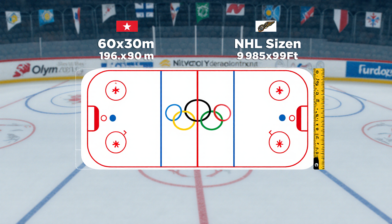 Illustrated hockey rink showing Olympic and NHL dimensions with a ruler comparing sizes and a blurred Olympic logo background
