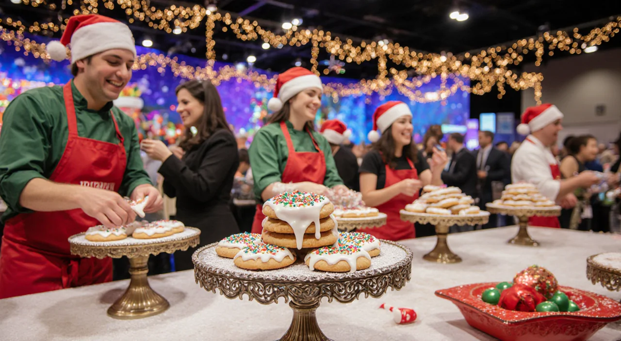 Bakers presenting sugar‑dusted holiday creations on cake stands with twinkling lights and judges sampling treats