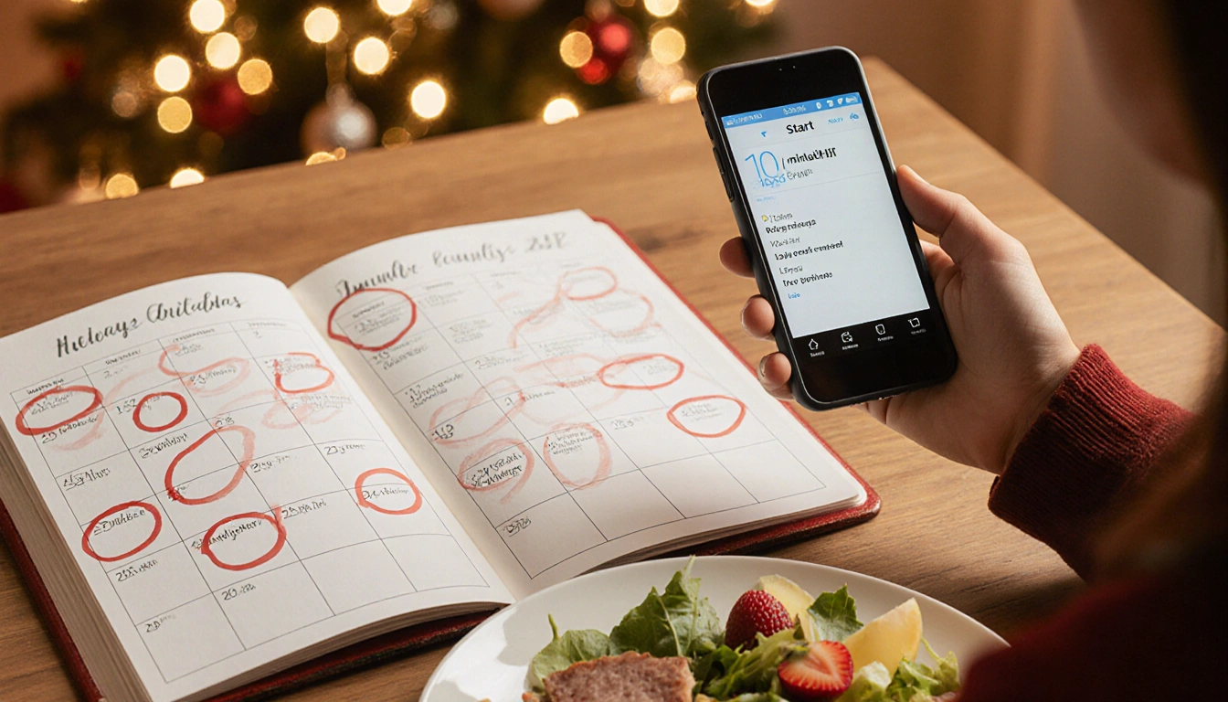 Person holding a plate with a meal and a phone showing the Start TODAY app with a 10‑minute HIIT routine beside a calendar of
