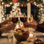 Friends and family raise glasses in a cozy toast with a festive table of wine and cheese under soft golden light