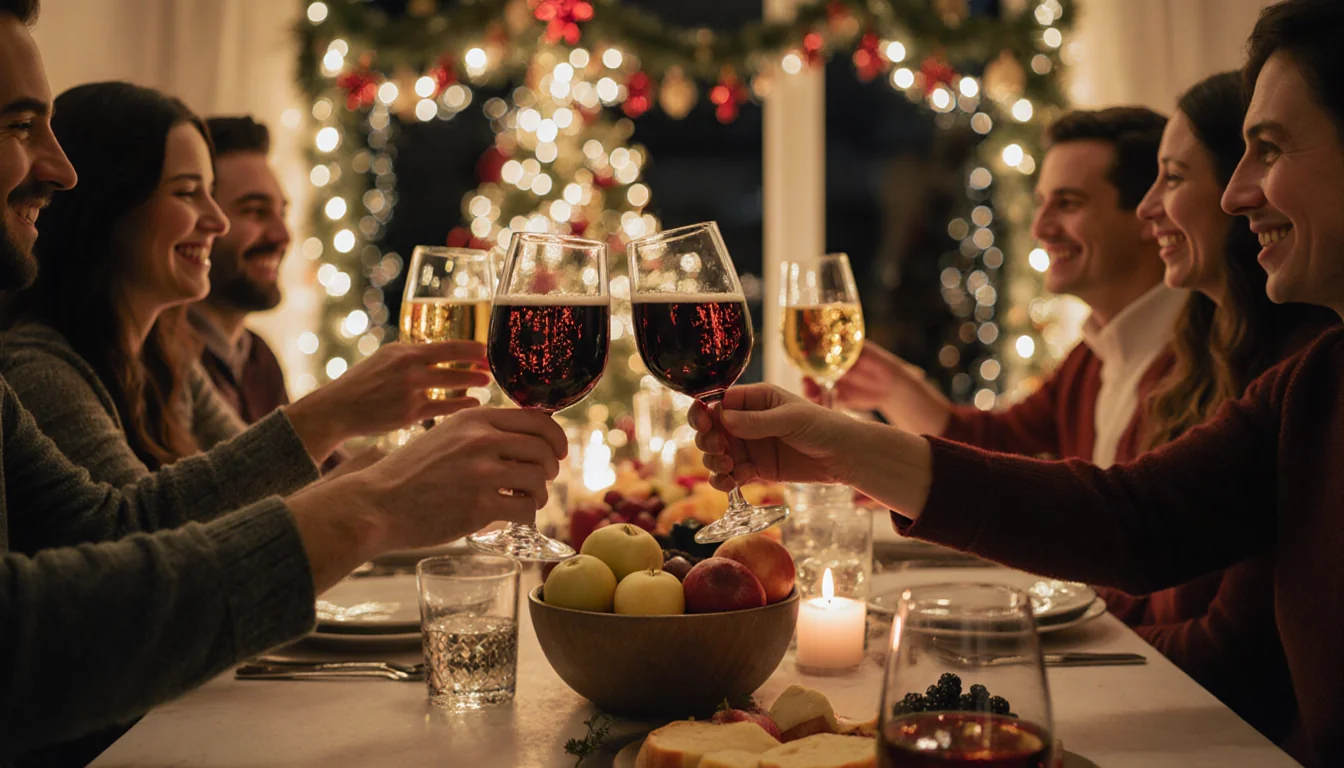 Friends and family raise glasses in a cozy toast with a festive table of wine and cheese under soft golden light