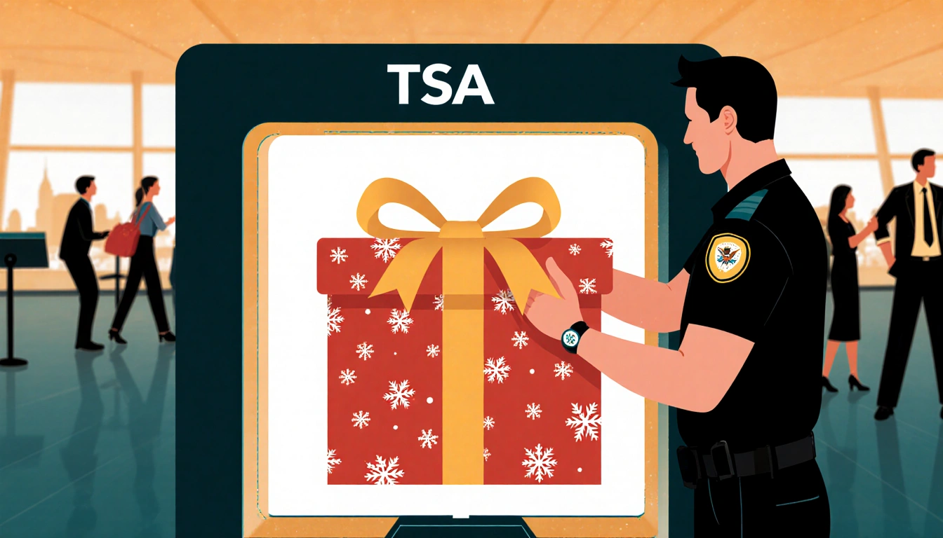 TSA agent unwrapping a holiday gift with festive paper inside a scanner while airport background fades in.