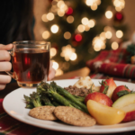 Person sitting at kitchen table holding cup of herbal tea and plate of seasonal food with holiday lights and self‑care glow.