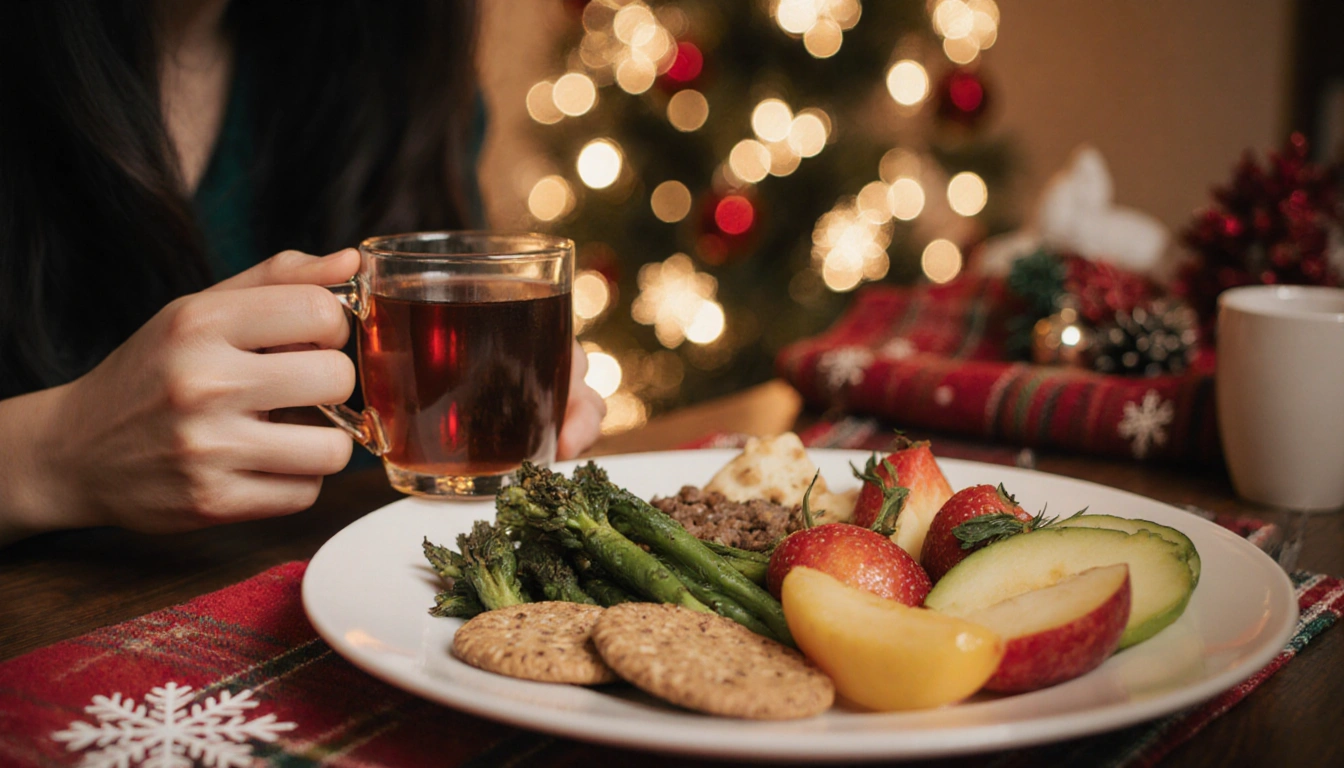 Person sitting at kitchen table holding cup of herbal tea and plate of seasonal food with holiday lights and self‑care glow.
