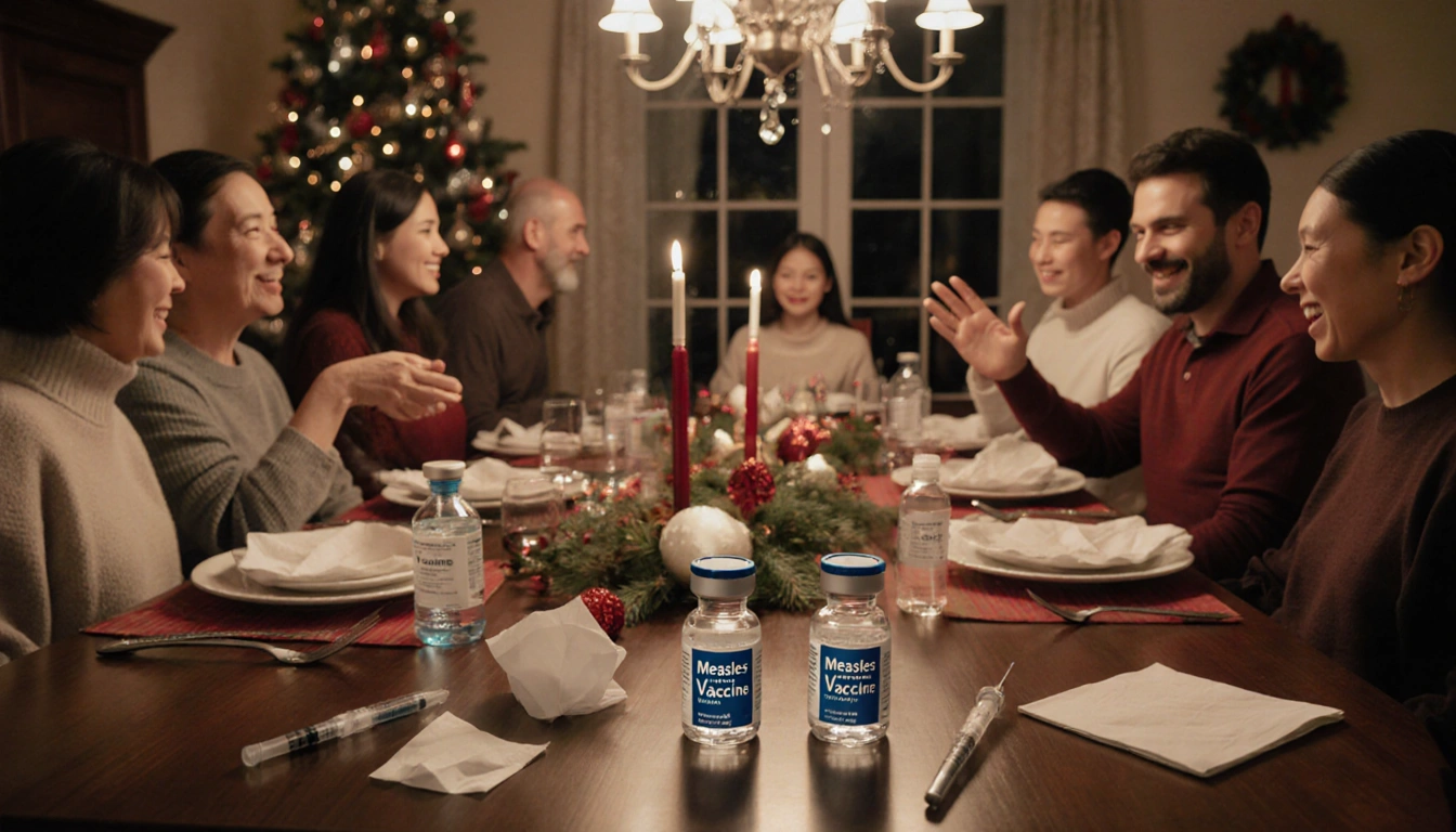 Family gathers around holiday table with vaccine vials and sanitizer bottles nearby