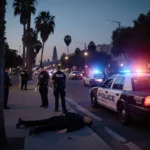 Injured person lying on street with police lights and medical team in Hollywood dusk.