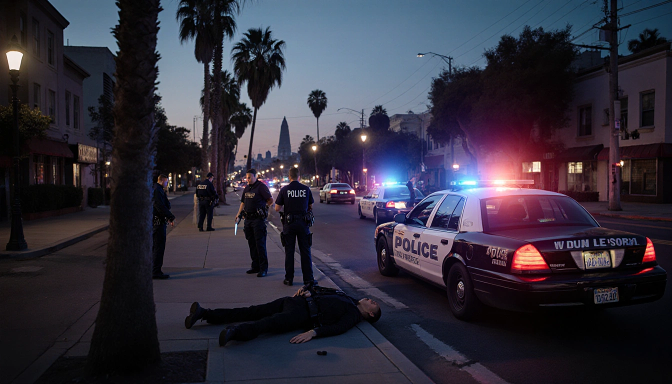 Injured person lying on street with police lights and medical team in Hollywood dusk.