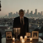 Middle-aged Holocaust survivor standing at a candle-lit table with menorahs and Los Angeles skyline in background.
