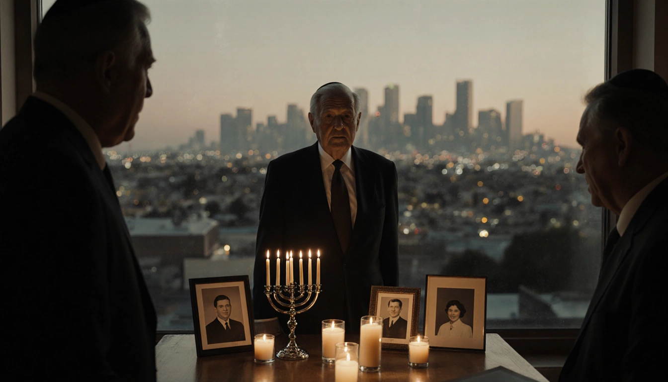 Middle-aged Holocaust survivor standing at a candle-lit table with menorahs and Los Angeles skyline in background.