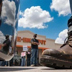 Protester staring at loud machines with scuffed boots reflecting metal and blue sky above Home Depot storefront behind.