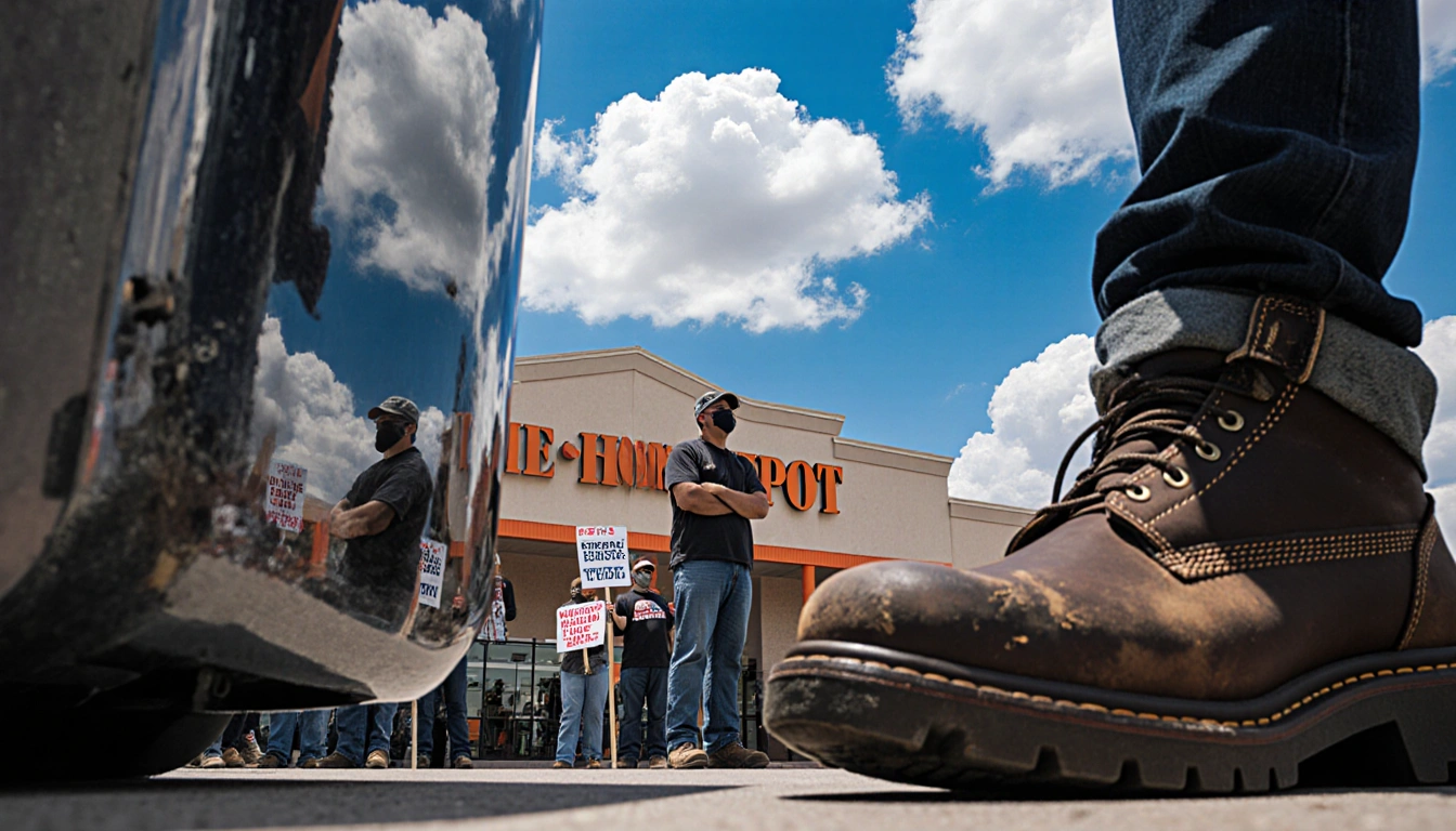 Protester staring at loud machines with scuffed boots reflecting metal and blue sky above Home Depot storefront behind.