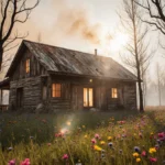 Home reborn after wildfire stands with new trees and wildflowers with sunlight filtering through windows creates warm glow an