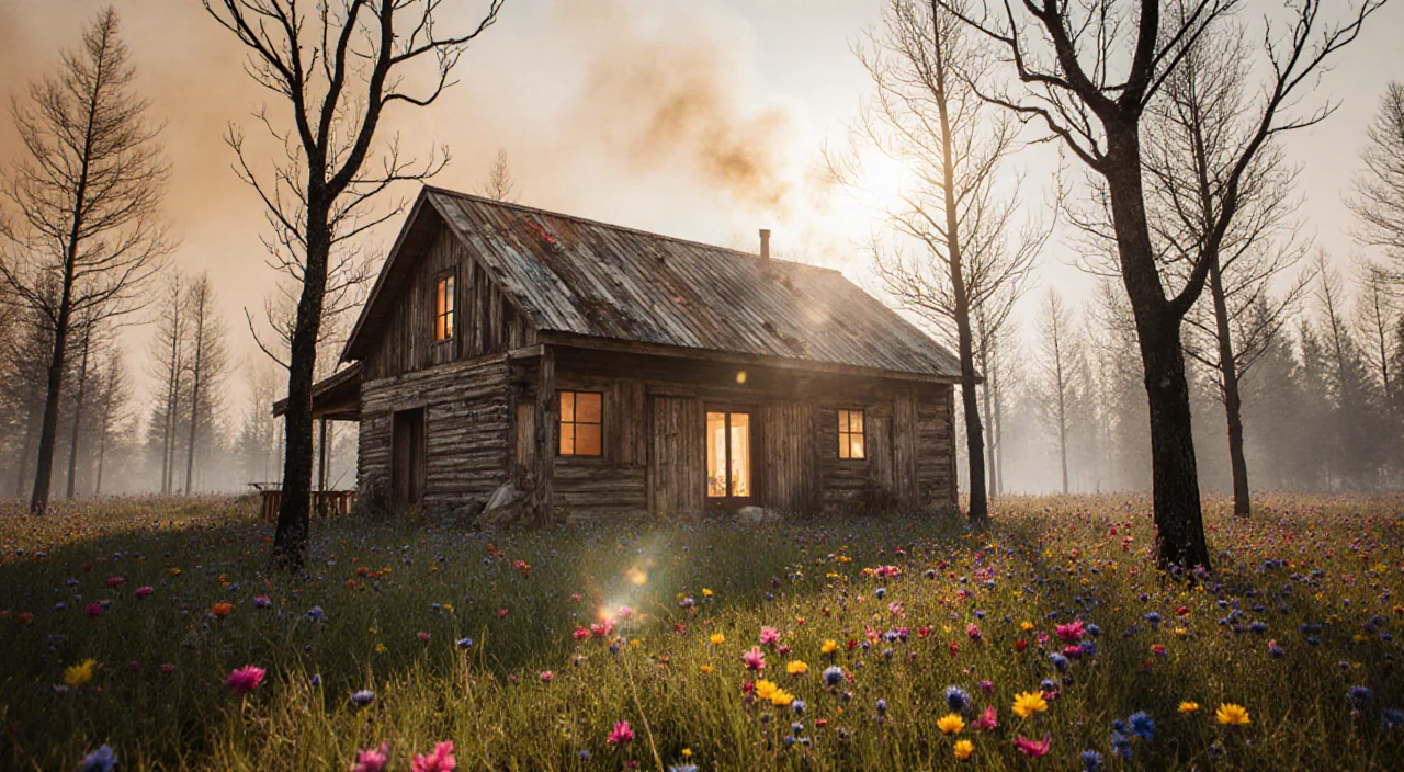 Home reborn after wildfire stands with new trees and wildflowers with sunlight filtering through windows creates warm glow an