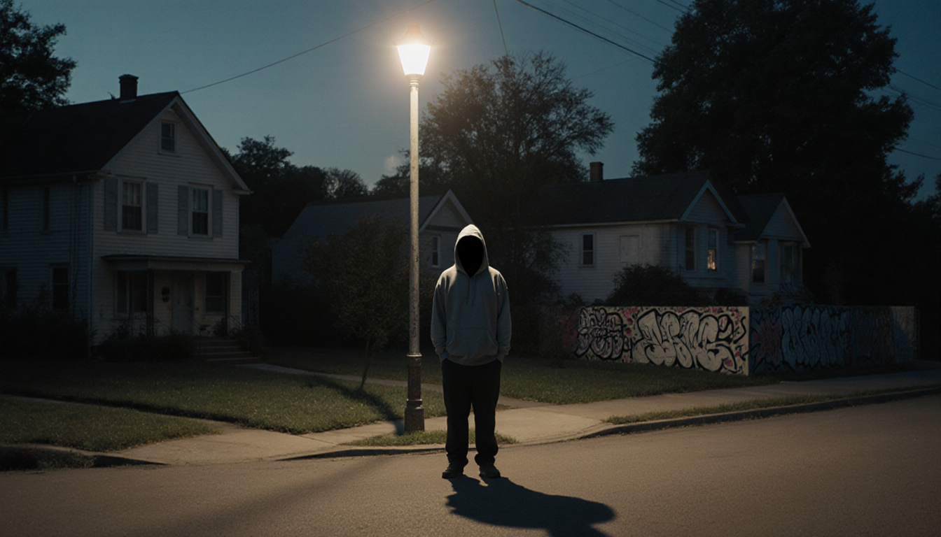 Hoodie figure standing under streetlamp with long shadow and dim houses at dusk