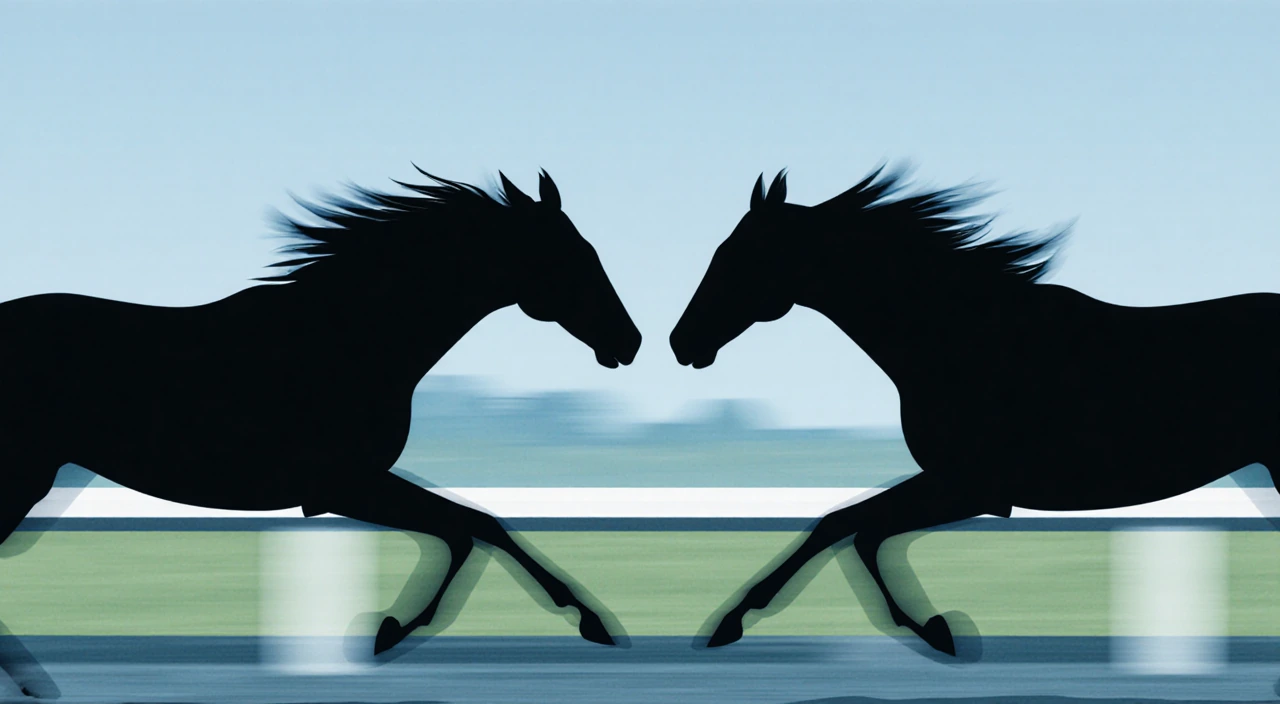 Silhouetted horses galloping midair with motion blur and muted blues near a horse racing track