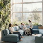 Patient lying on sofa with family and caregiver attending in bright hospital atrium with green walls