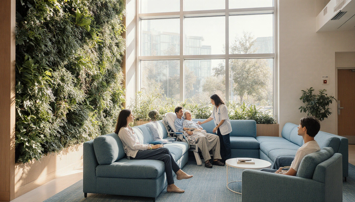 Patient lying on sofa with family and caregiver attending in bright hospital atrium with green walls