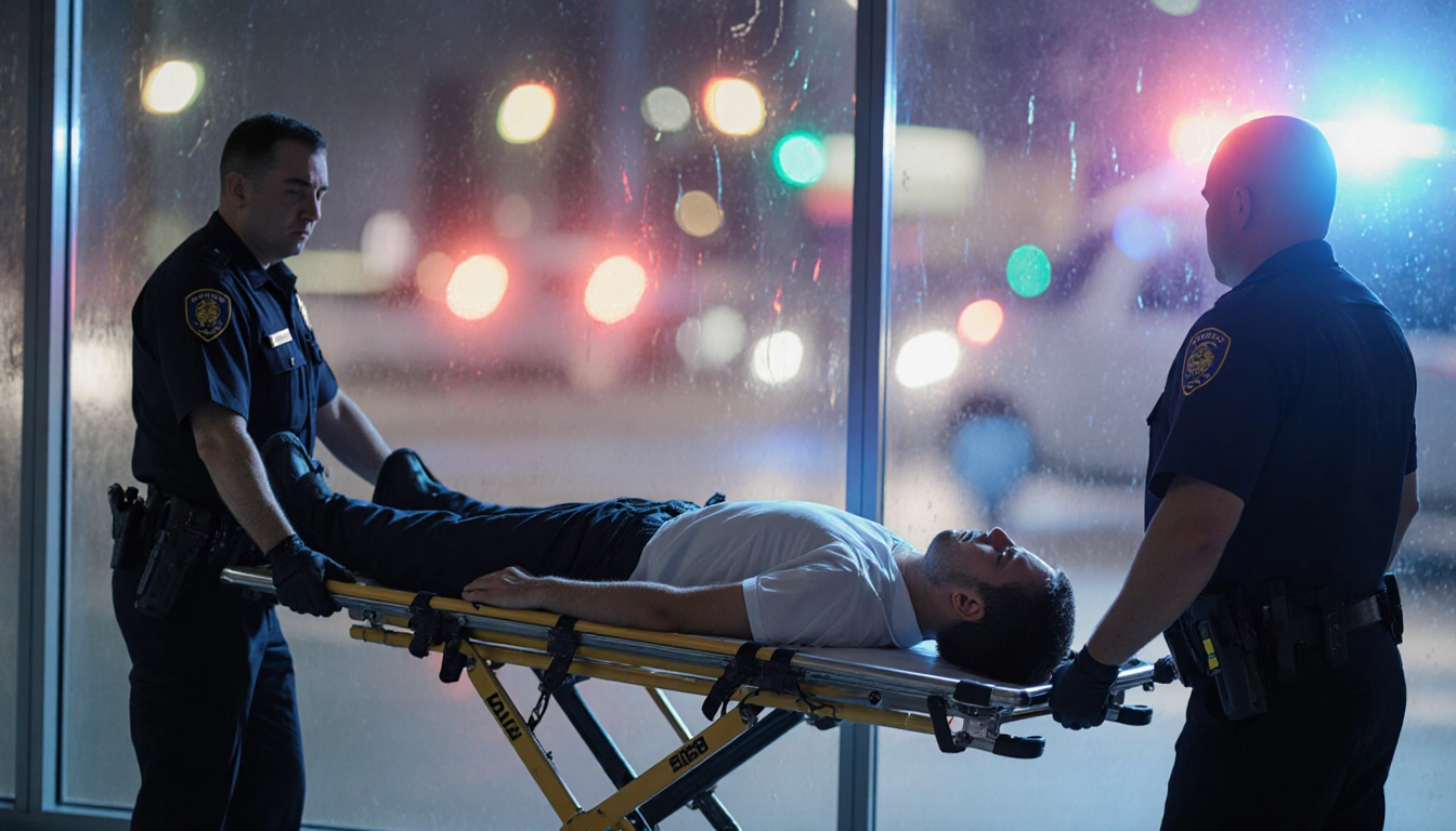 Police officer transferring a hospital gurney with driver and flashing emergency lights near city lights window reflections