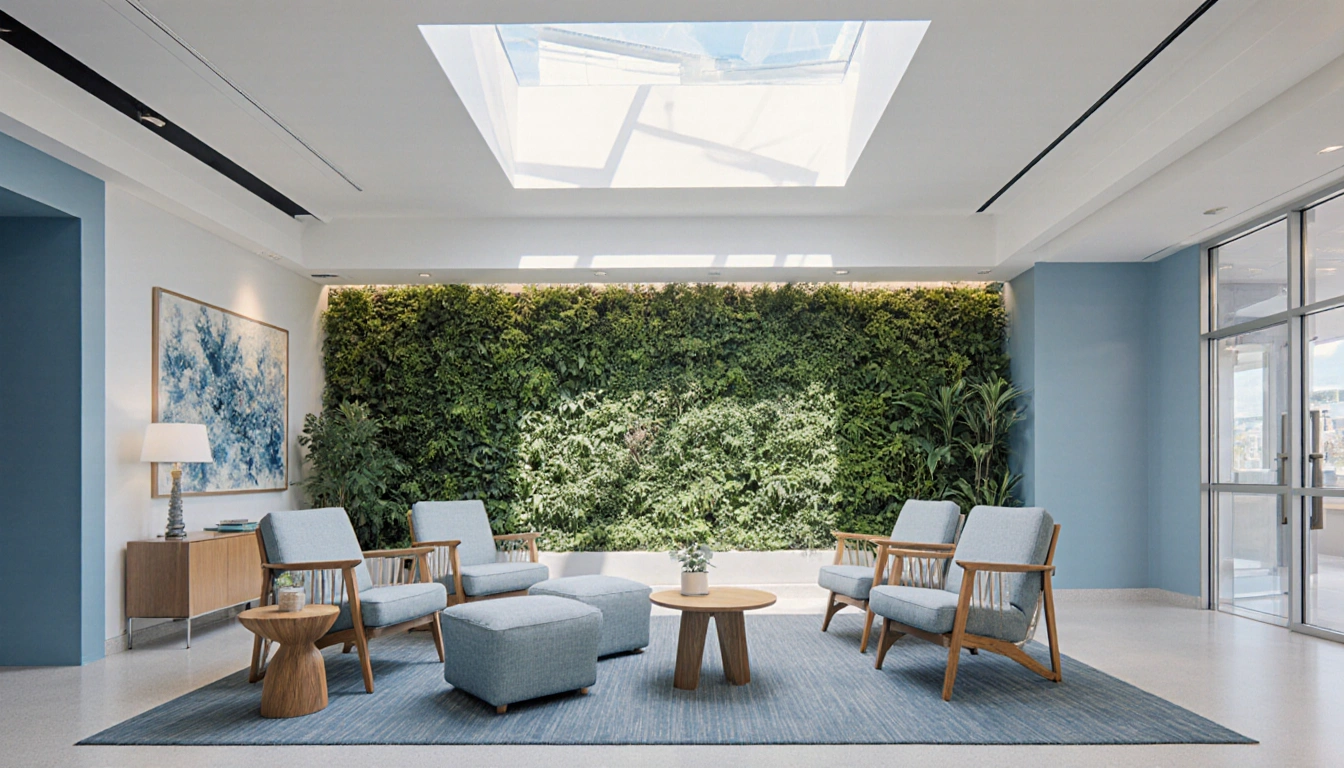 Hospital lobby welcomes visitors with living wall and natural light illuminating calming seating