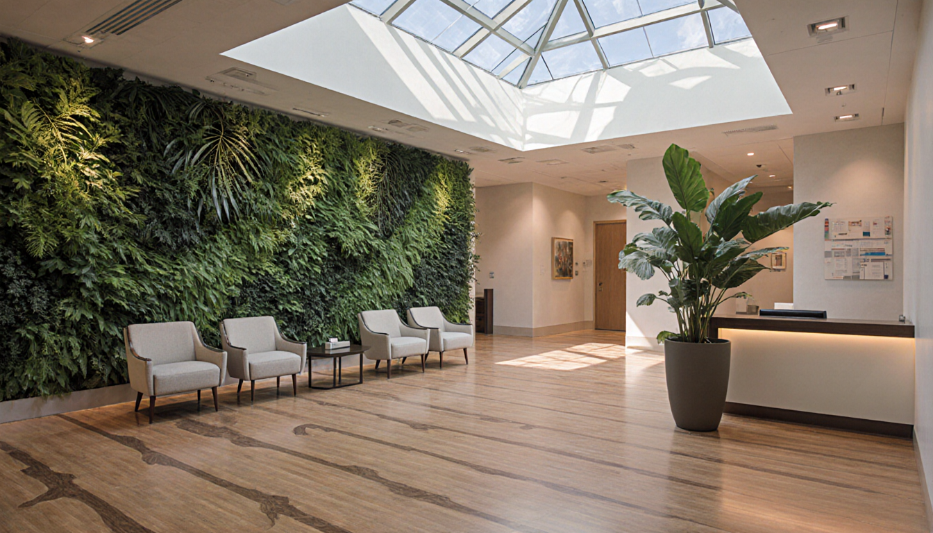 Hospital lobby greets patients with natural light and a living wall.