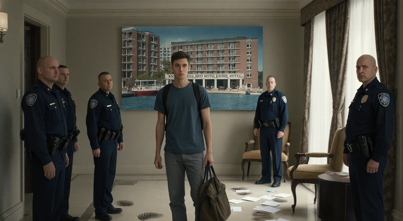 Person in casual clothes and backpack is questioned in hotel lobby with police fingerprints on floor.