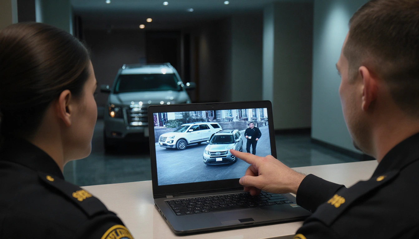 Deputies reviewing security footage at a hotel desk pointing to laptop screen with suspect SUV displayed in the lobby