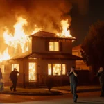 People flee from burning house with fire engine and orange sunset sky