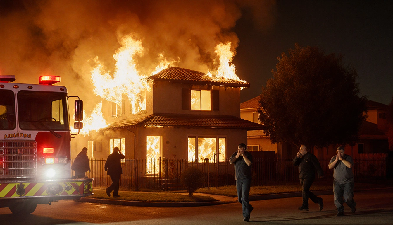 People flee from burning house with fire engine and orange sunset sky