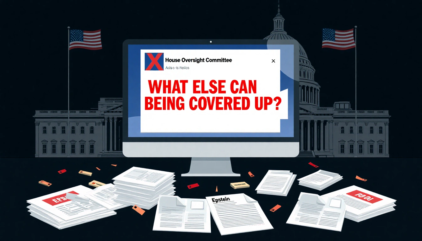 Computer screen shows X post with red letters What else is being covered up? and scattered DOJ and Epstein documents.