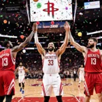Kevin Durant and Amen Thompson high‑fiving on the court with teammates celebrating the Rockets victory amid confetti.