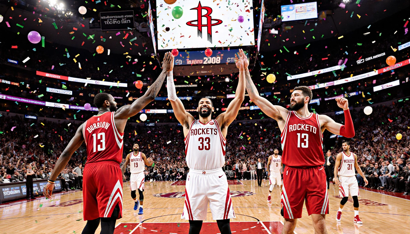 Kevin Durant and Amen Thompson high‑fiving on the court with teammates celebrating the Rockets victory amid confetti.