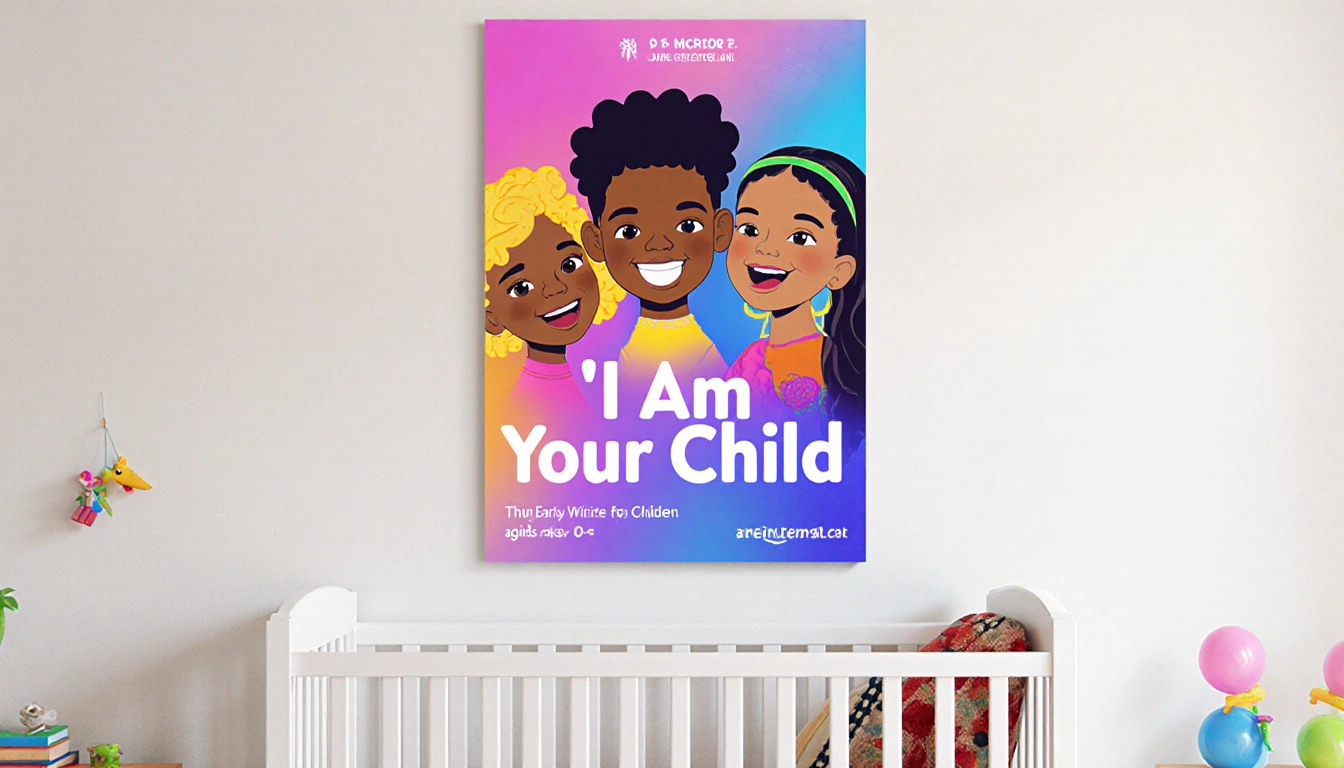 Poster proclaiming I Am Your Child with bold letters and bright diverse child illustrations in a soft gradient nursery wall.