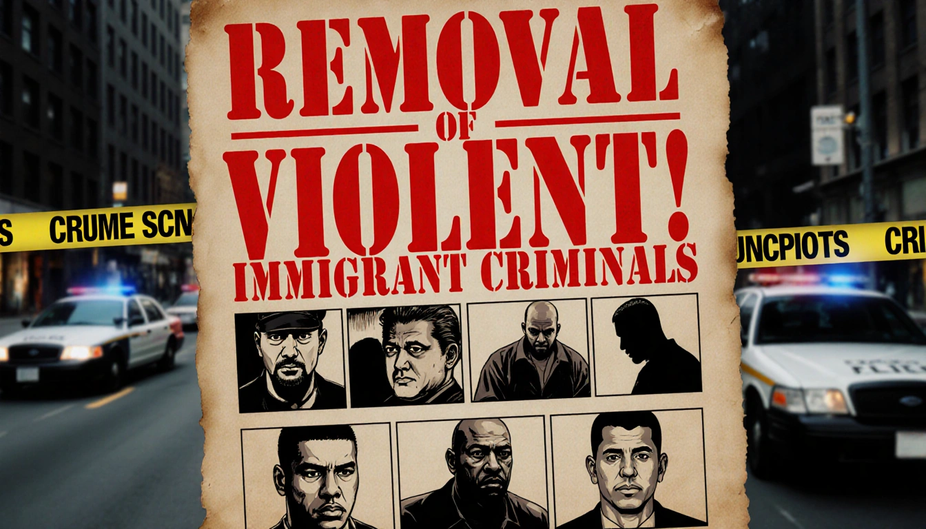 Wanted poster announcing violent immigrant criminals with red font and blurred cityscape background