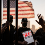 Federal agents stand with ICE stamp while a hand emerges through cell bars under a sunset-lit flag.